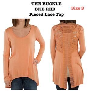 #T110 BKE Red Crochet Split Back Coral Orange Long Sleeve Top SZ S $69